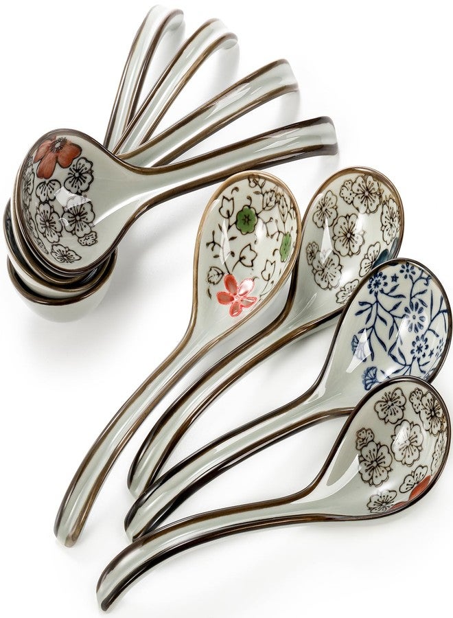 Cididu 8 Pcs Asian Ceramic Soup Spoons, Japanese Ramen Spoon with Long Curved Handle, Chinese Soup Spoon, Porcelain Tablespoon, Kitchen Serving Spoon for Miso, Noodles, Cereal, Wonton, Dumpling Rice - Image 3